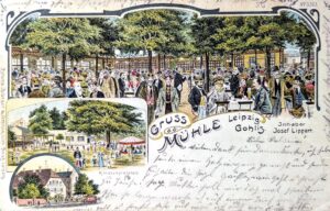 Die Gohliser Gastwirtschaft „Zur Mühle“, am 1. Februar 1893 Gründungsort von „Lipsia“, dem ältesten sächsischen Fußballverein, Postkarteum 1900