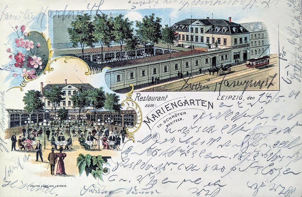Am 28. Januar 1900 wurde im „Mariengarten“, Carlstraße 10 (heute Büttnerstraße), der Deutsche Fußball-Bund (DFB) gegründet, Postkarte von 1900