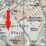 Der erste Spielplatz von „Lipsia“, der Leipziger Exerzierplatz an der Grenze zu Gohlis, westlich der Gohliser Straße (heute zwischen Springerstraße, Ehrensteinstraße und Kickerlingsberg), Stadtplanausschnitt 1897