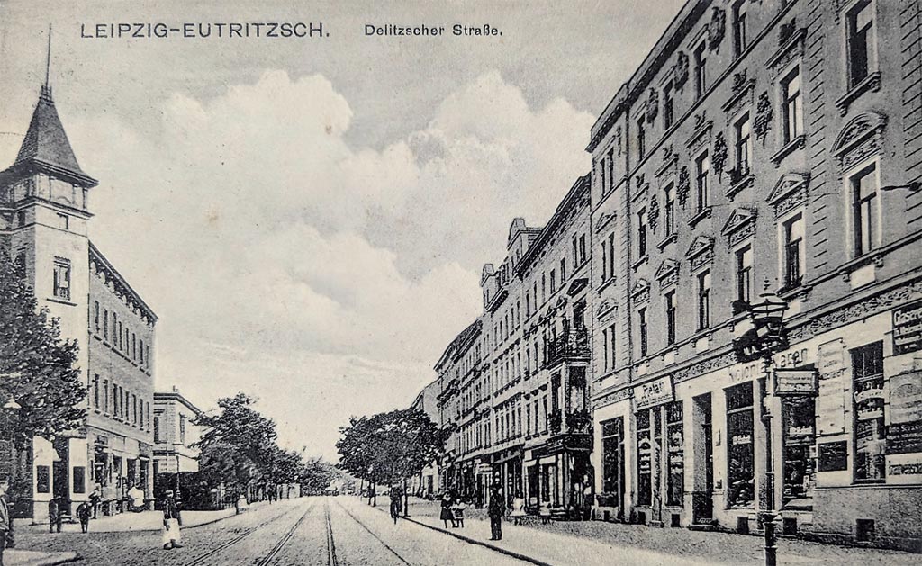 Die Delitzscher Straße (von rechts um 26a, 28, 30, 32, 34), um 1920