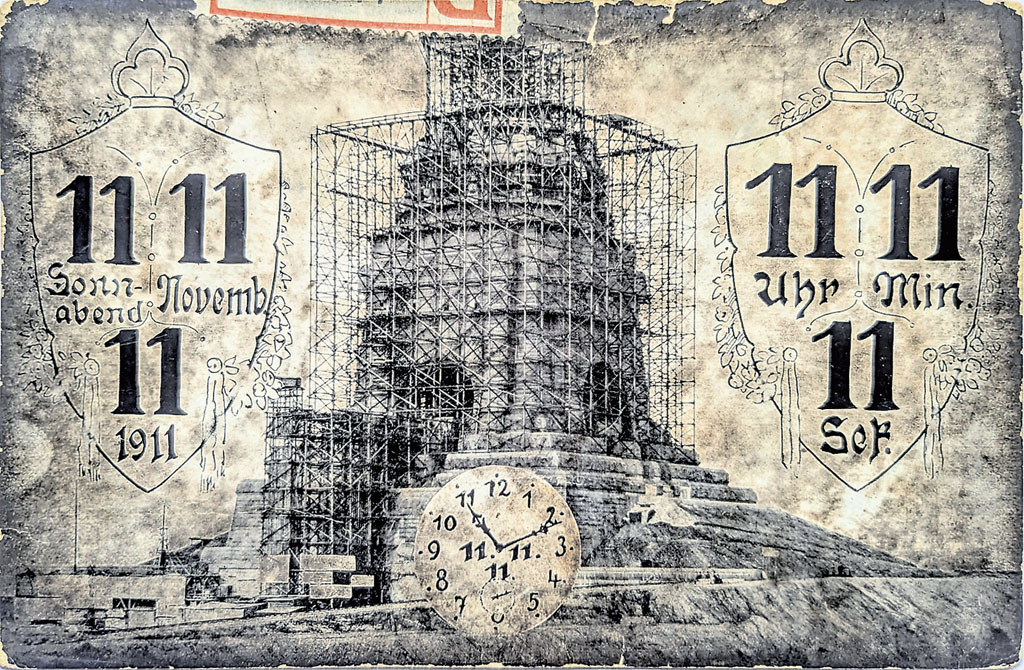Postkarte mit dem Völkerschlachtdenkmal im Bau, vom 11.11.11., 11-12V., Postamt 11, mit der Frankatur 11 x 11 (121 Pfennig) in die Petzscher Straße 11