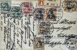 Postkarte mit dem Völkerschlachtdenkmal im Bau, vom 11.11.11., 11-12V., Postamt 11, mit der Frankatur 11 x 11 (121 Pfennig) in die Petzscher Straße 11