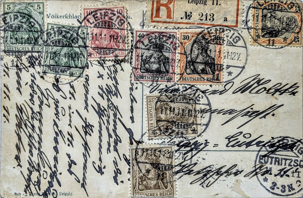 Postkarte mit dem Völkerschlachtdenkmal im Bau, vom 11.11.11., 11-12V., Postamt 11, mit der Frankatur 11 x 11 (121 Pfennig) in die Petzscher Straße 11