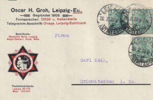 Postkarte Oscar H. Groh nach Crimmitschau, vom 26. Februar 1920