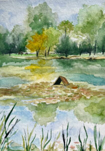 Der Teich im Bretschneiderpark mit dem Entenhäuschen und Blick Richtung Kleiststraße © Regina Stamm